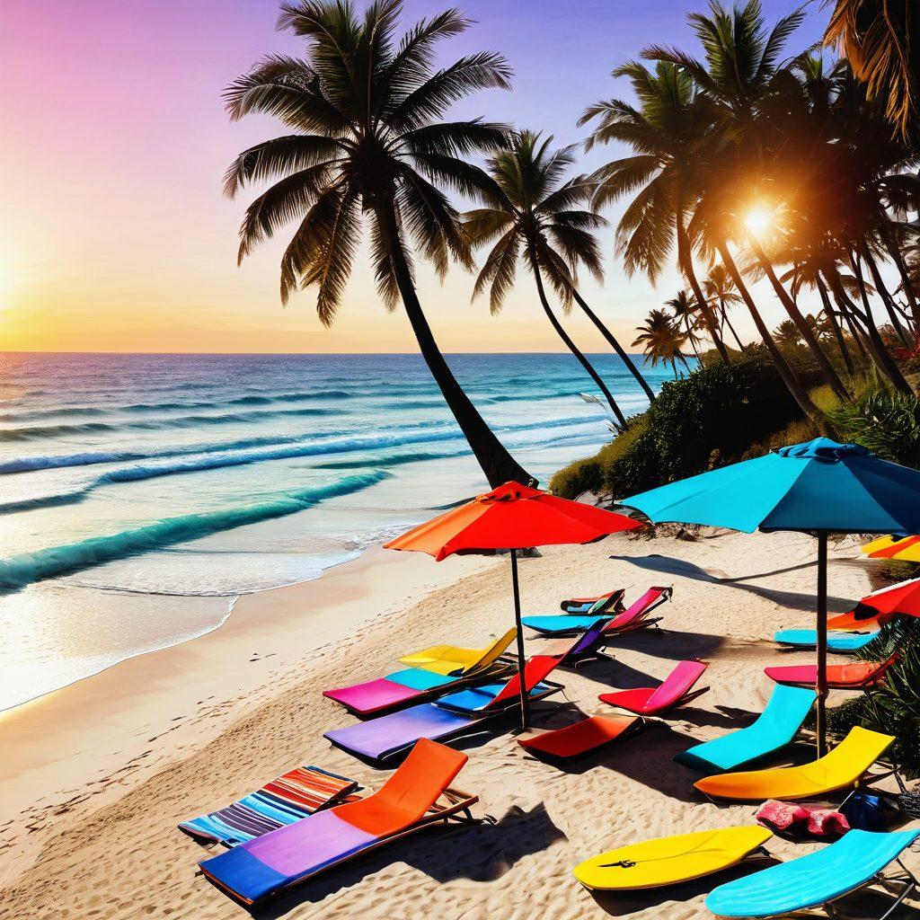 A vibrant beach scene showcasing stylish beachwear essentials, including colorful swimsuits, wide-brimmed hats, and sunglasses. In the background, sunbathers relax on the sand with surfboards and beach umbrellas, while a warm sunset casts an inviting glow over the ocean waves. Add palm trees swaying gently in the breeze, creating a lively summer atmosphere. vibrant colors. super-realistic. beach aesthetic.